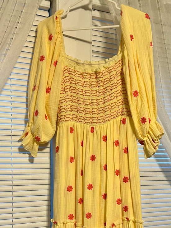 Dresses & Skirts - Yellow Smocked Maxi Dress with pinkish-red  Floral Embroidery